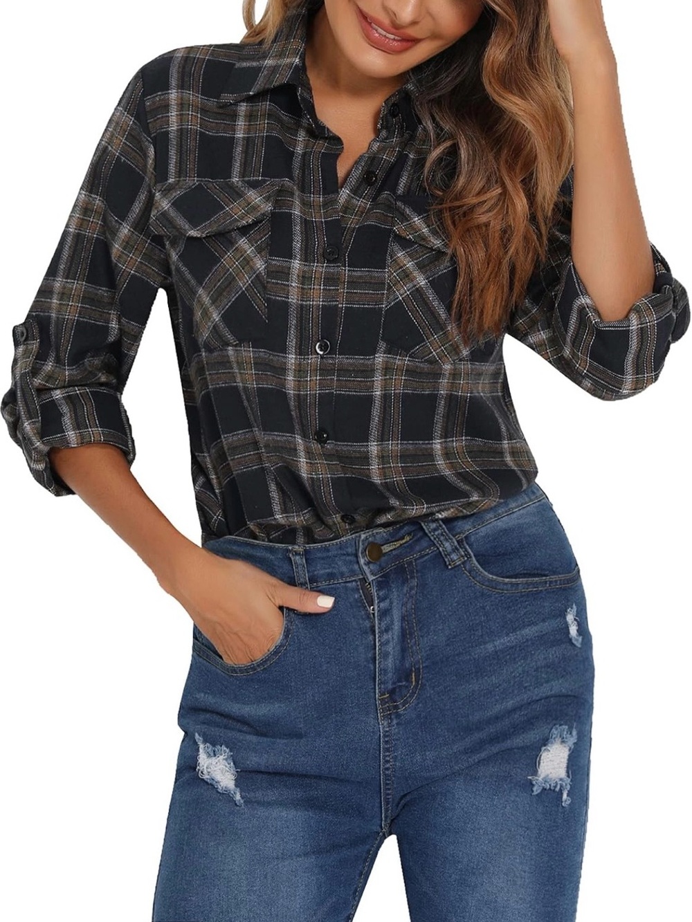 Terra & Sky Navy and White Plaid Button-Down Shirt